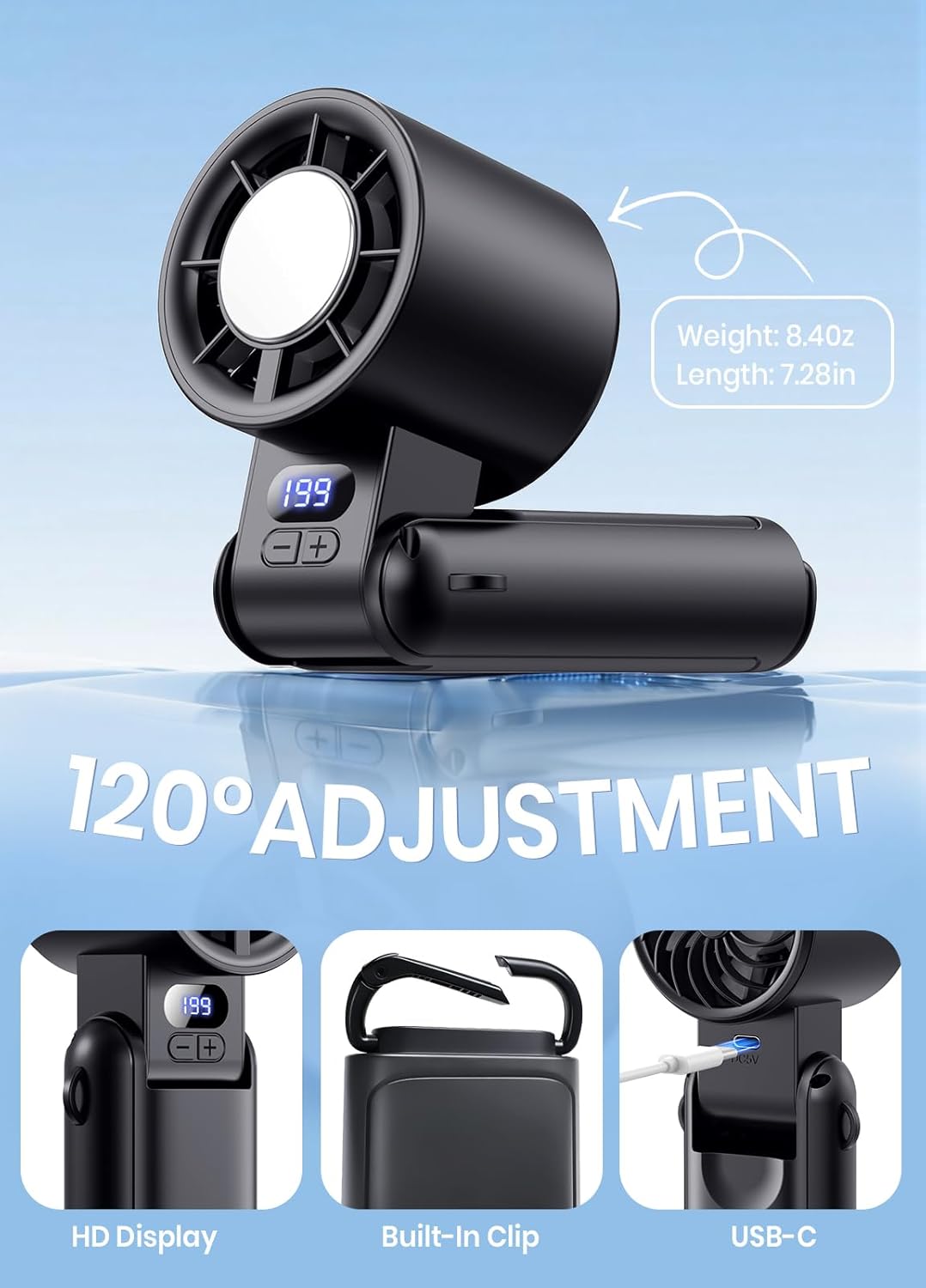 Portable Handheld Turbo Fan with Adjustable Speed and LED Display, High-Power Motor, Rechargeable Battery, 4-in-1 Compact Design for Indoor, Outdoor