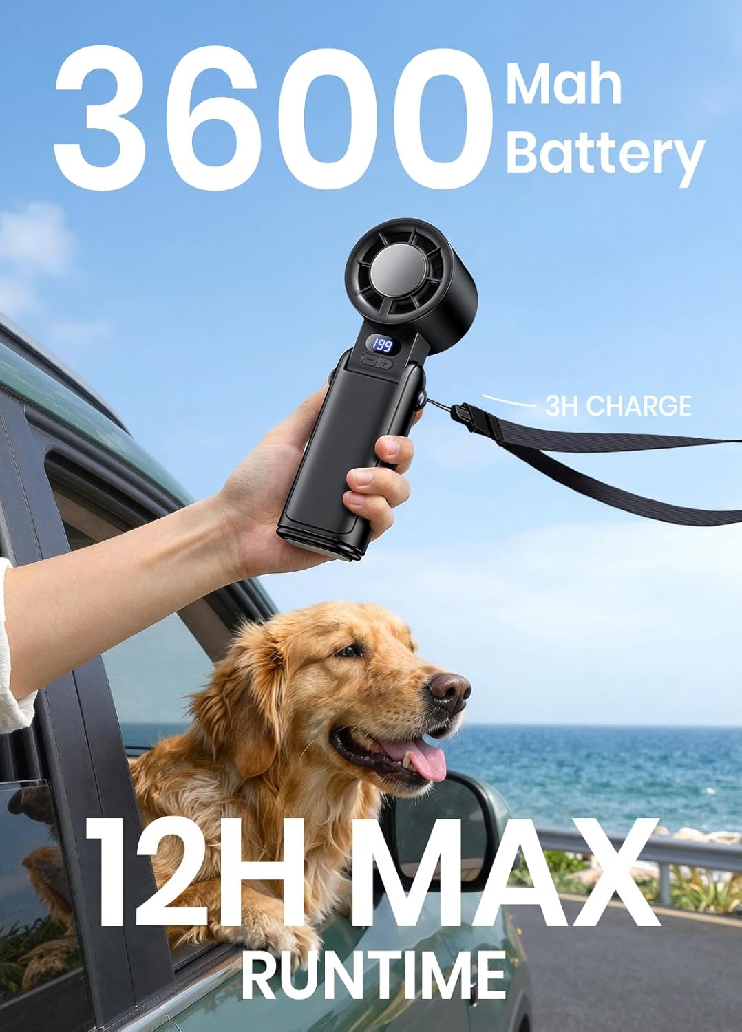 Portable Handheld Turbo Fan with Adjustable Speed and LED Display, High-Power Motor, Rechargeable Battery, 4-in-1 Compact Design for Indoor, Outdoor