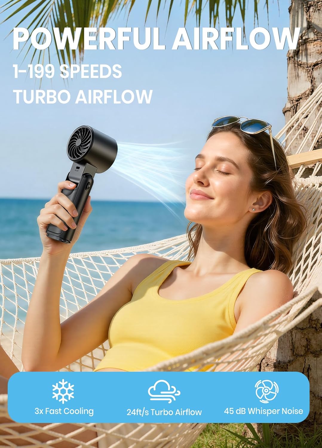 Portable Handheld Turbo Fan with Adjustable Speed and LED Display, High-Power Motor, Rechargeable Battery, 4-in-1 Compact Design for Indoor, Outdoor